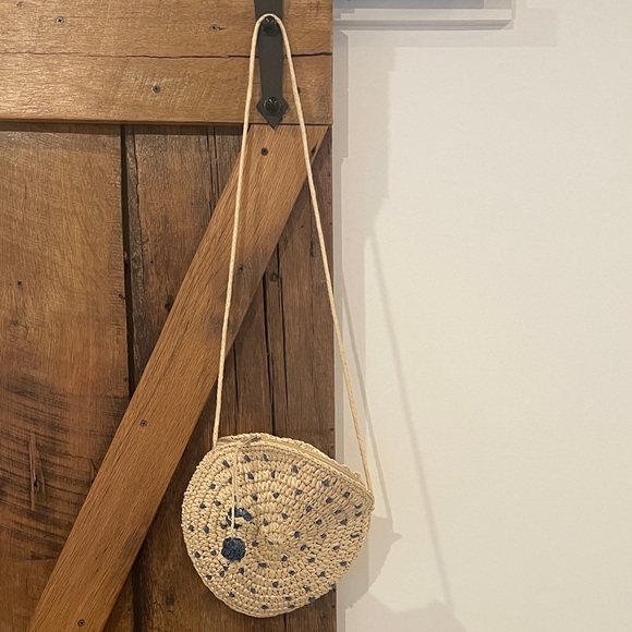 Circular Straw /Raffia Crossbody Bag with Pom Poms and Zipper Enclosure - Picture 2 of 9